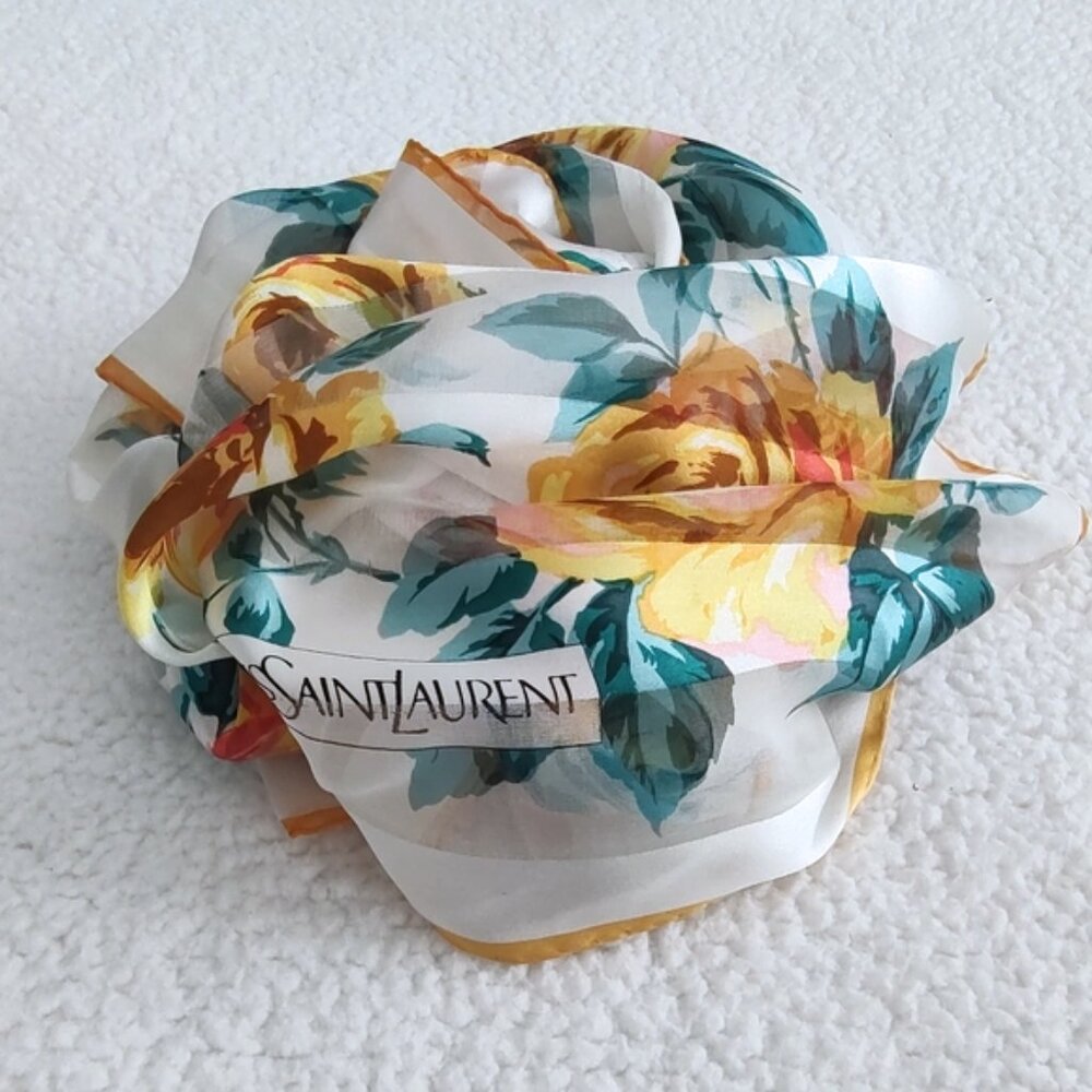 YSL vintage 70s 80s floral silk chiffon large scarf EUC